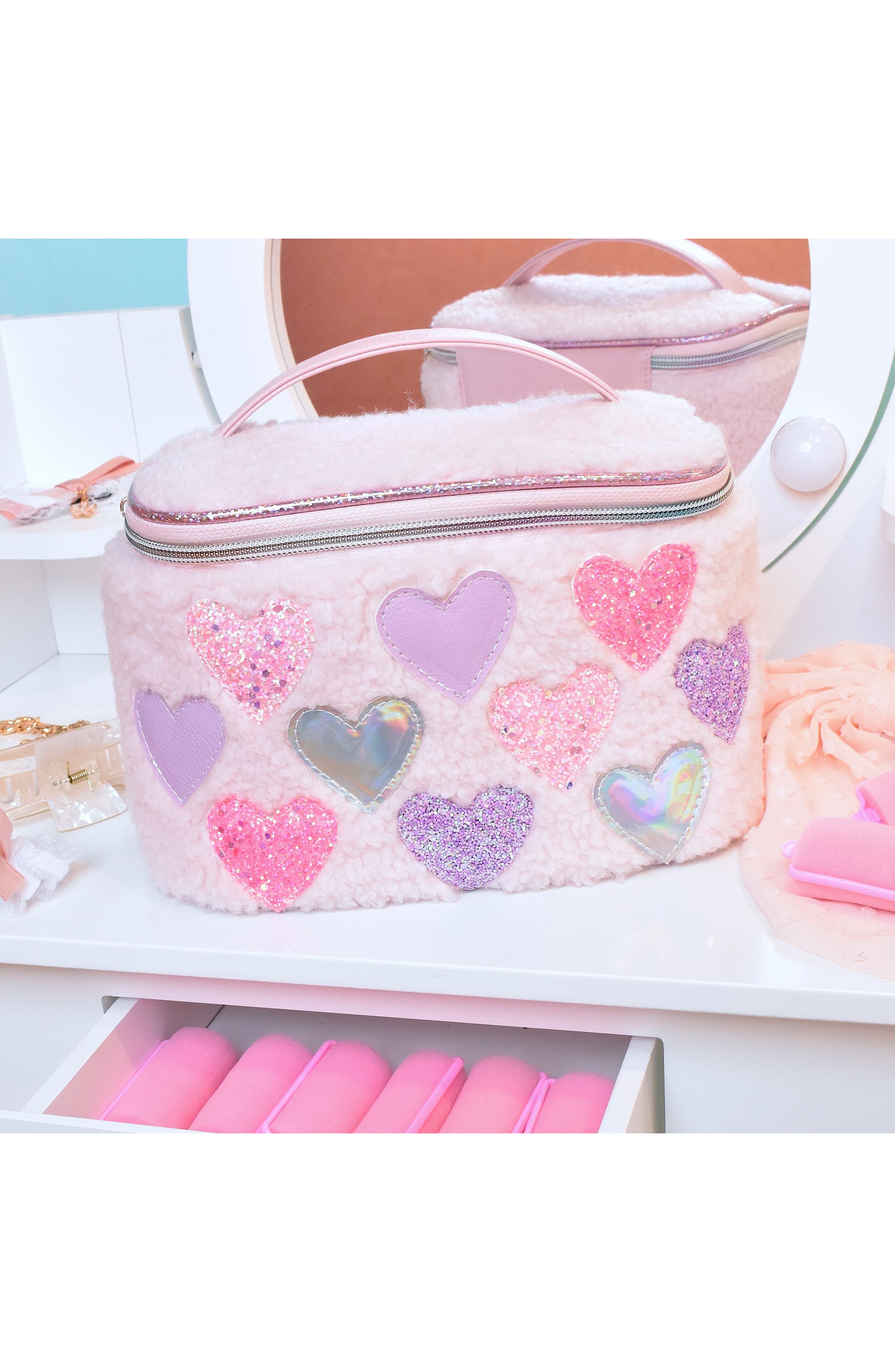 OMG Accessories Kids' Heart Faux Fur Train Case, Alternate, color, 