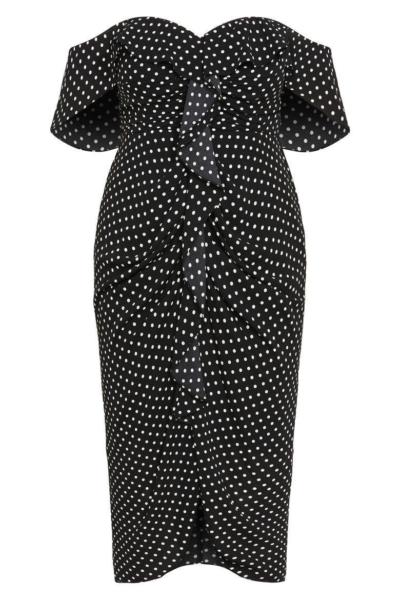Gina Spot Off the Shoulder Midi Dress, Alternate, color, BLK POLKA DOT