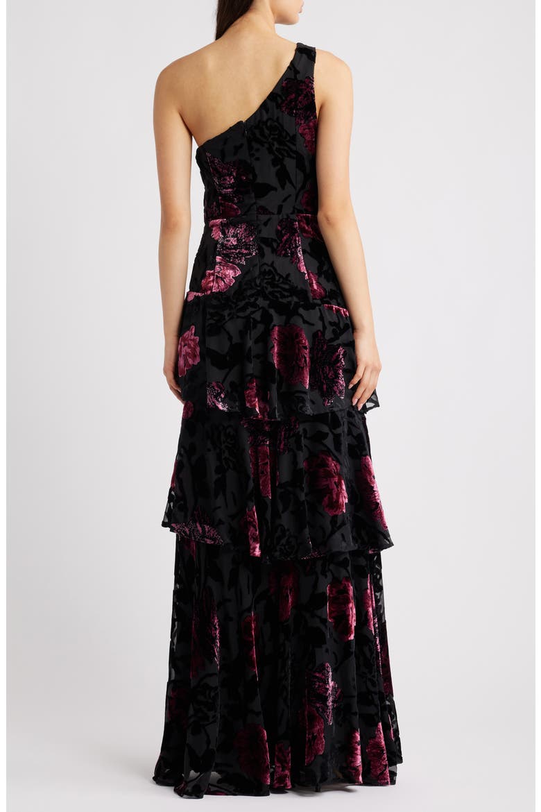 Elodie One Shoulder Burnout Floral Tiered Dress, Alternate, color, BLACK MULTI