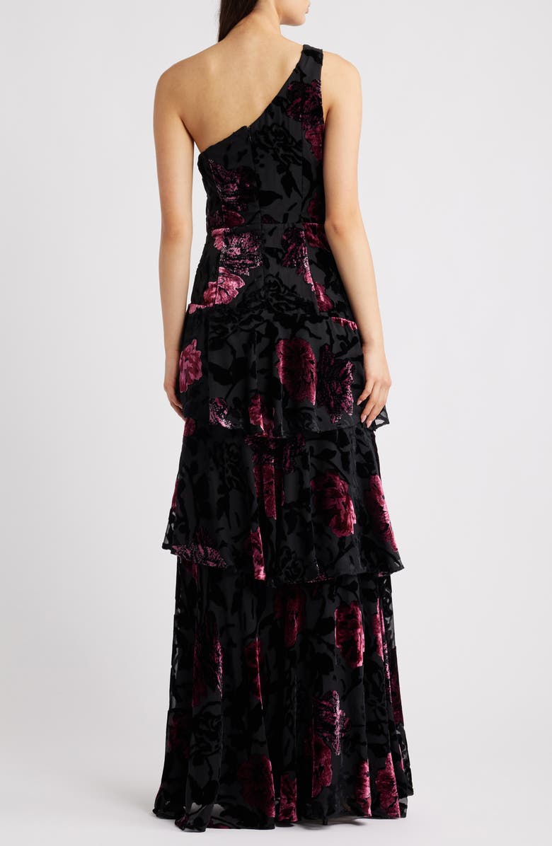 Lulus Elodie One Shoulder Burnout Floral Tiered Dress, Alternate, color, Black Multi