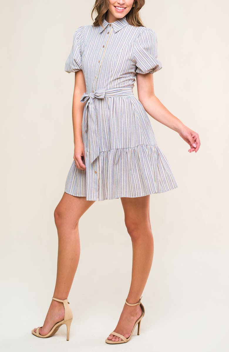 FLYING TOMATO Stripe Puff Sleeve Fit & Flare Shirtdress, Alternate, color, White/ Blue/ Brown