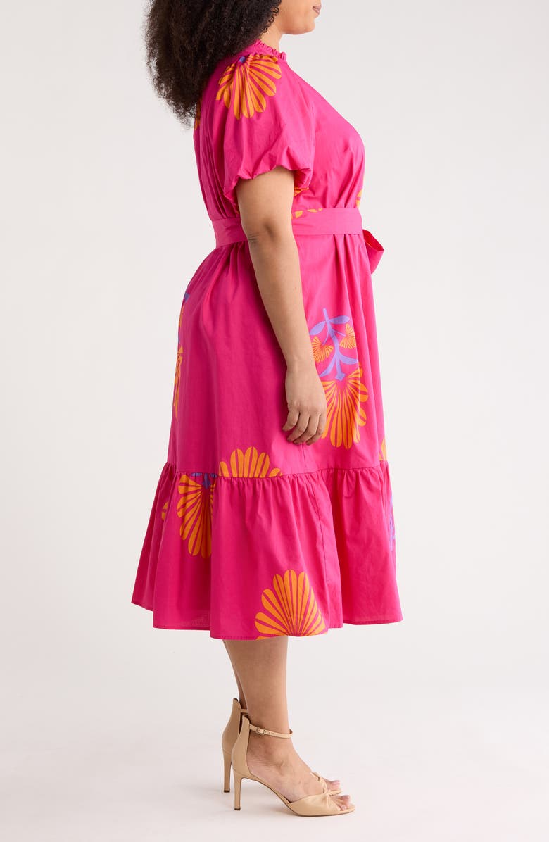 SUGARLIPS Melian Puff Sleeve Tie Belt Cotton Midi Dress, Alternate, color, Fuchsia-Orange