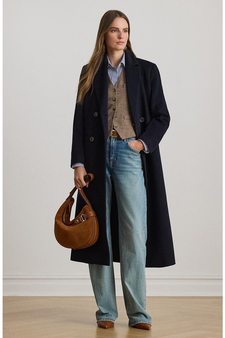 Wool Blend Double Breasted Coat, Alternate, color, REGAL NAVY