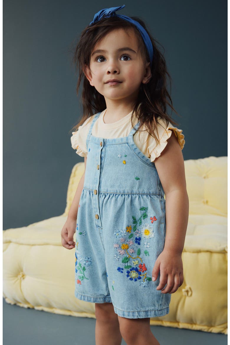 Kids' Embroidered Denim Romper & Frill Shirt Set, Alternate, color, BLUE