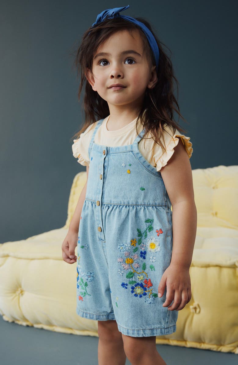 NEXT Kids' Embroidered Denim Romper & Frill Shirt Set, Alternate, color, Blue