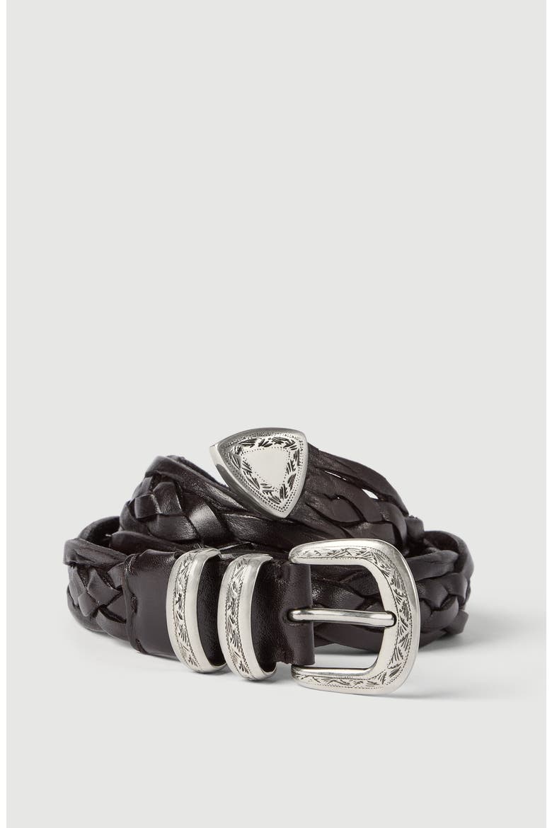 Braided calfskin belt with detailed buckle and tip, Alternate, color, Brown