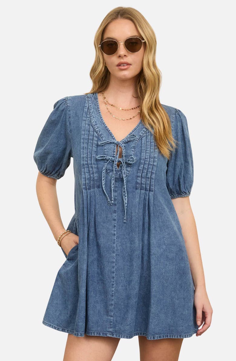 Blu Pepper Front Tie Puff Sleeve Minidress, Alternate, color, Denim