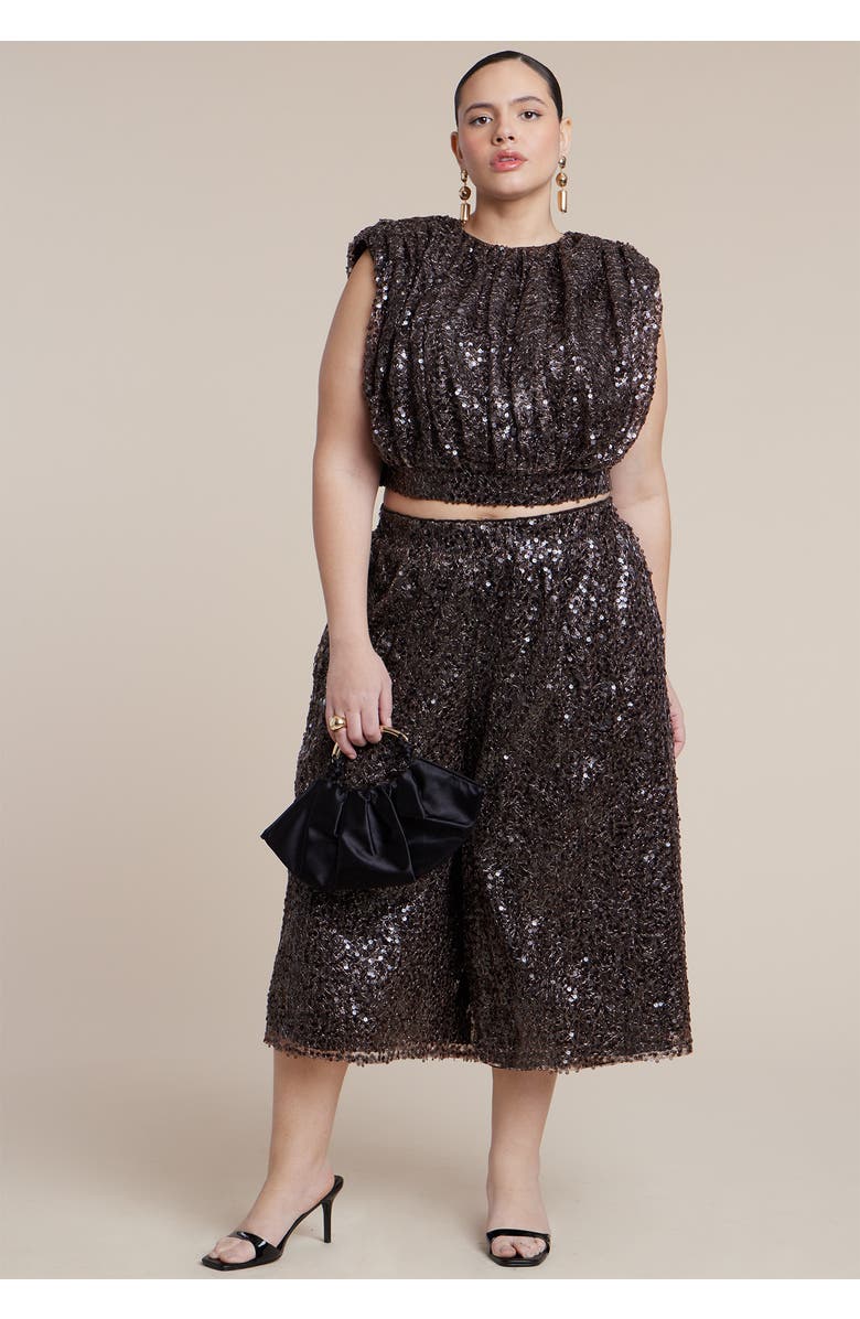 ELOQUII Sequin Strong Shoulder Top, Alternate, color, Dark Brown