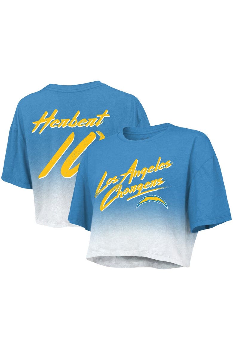 Women's Majestic Threads Justin Herbert Powder Blue/White Los Angeles Chargers Dip-Dye Player Name & Number Crop Top, Main, color, Powder Blue