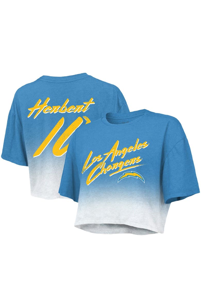 Majestic Threads Women's Majestic Threads Justin Herbert Powder Blue/White Los Angeles Chargers Dip-Dye Player Name & Number Crop Top, Main, color, Powder Blue