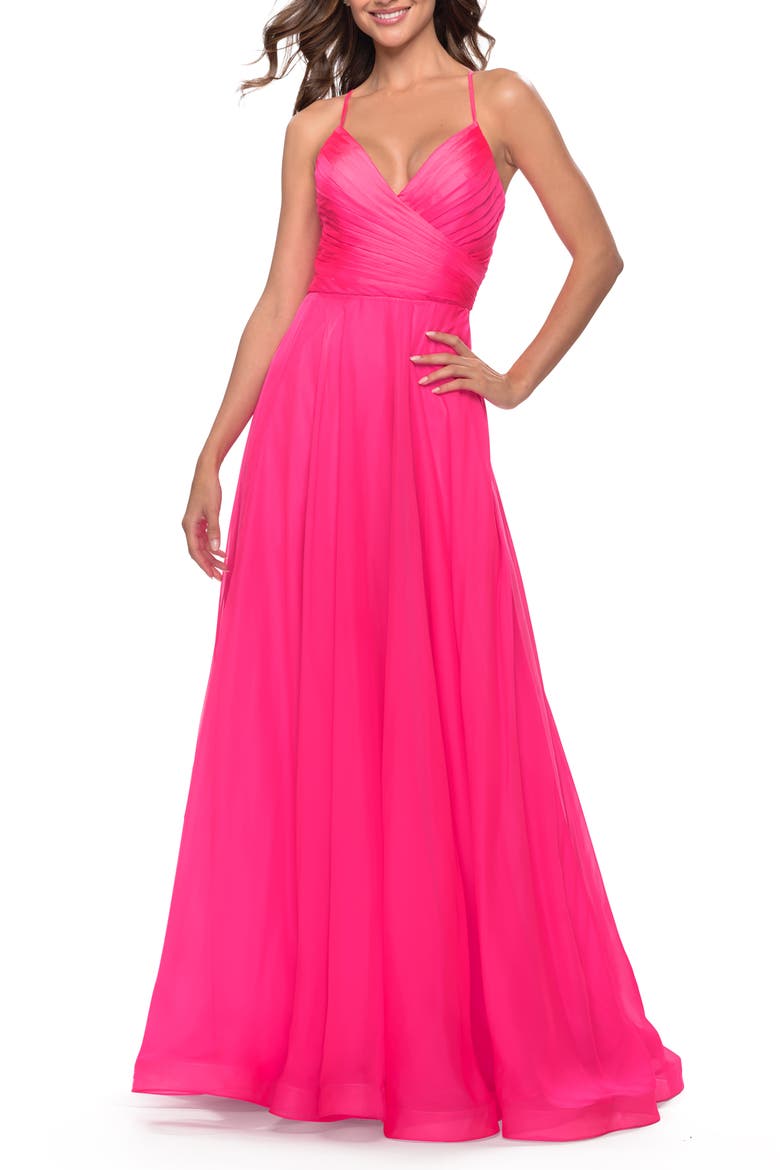 Chiffon Prom Dress with Ruched Bodice and Slit, Alternate, color, Neon Pink