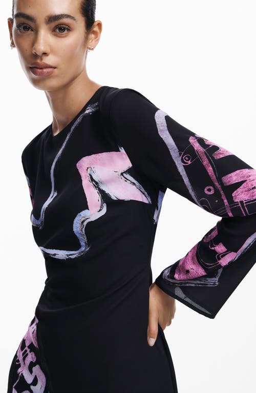 Desigual Dangerbla Abstract Print Long Sleeve Asymmetric Hem Dress In Black
