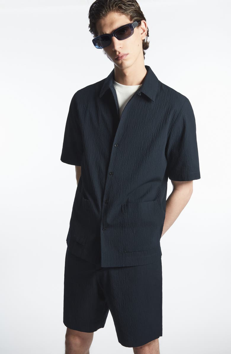 COS Seersucker Flat Front Shorts, Alternate, color, 