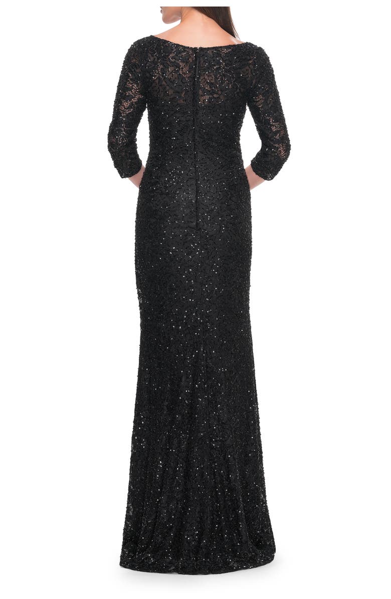 La Femme Fitted Beaded Lace Evening Gown with Ruching, Alternate, color, Black