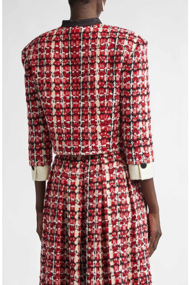 Plaid Eyelash Tweed Crop Jacket, Alternate, color, HAUTE RED/ BLACK/ PEARL MULTI