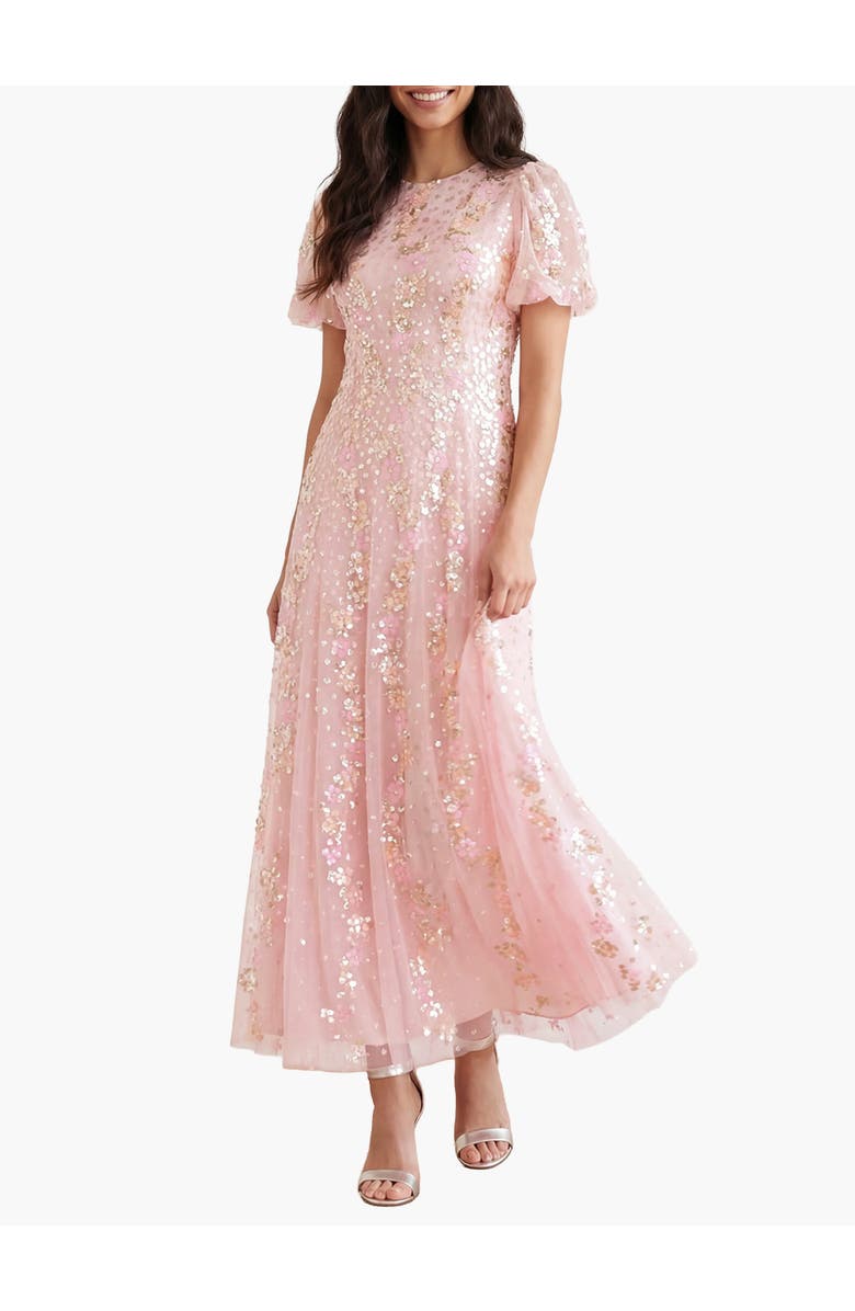 Needle & Thread Confetti Round Neck Ankle Gown, Main, color, Peony Pink/Multi