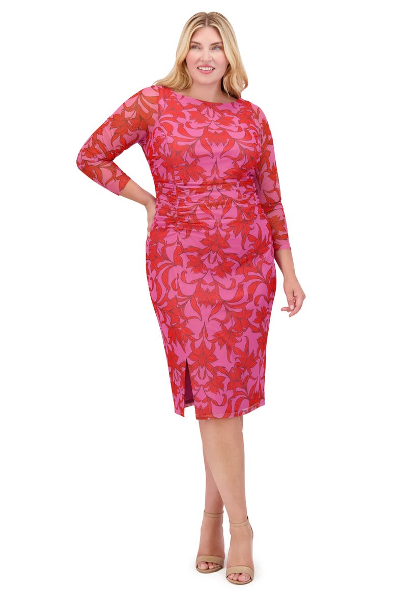 Floral Mesh Ruched Body-Con Dress, Alternate, color, PINK MULTI