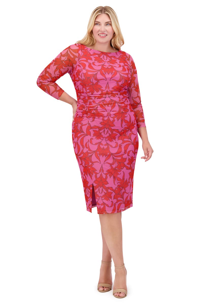 Vince Camuto Floral Mesh Ruched Body-Con Dress, Alternate, color, Pink Multi