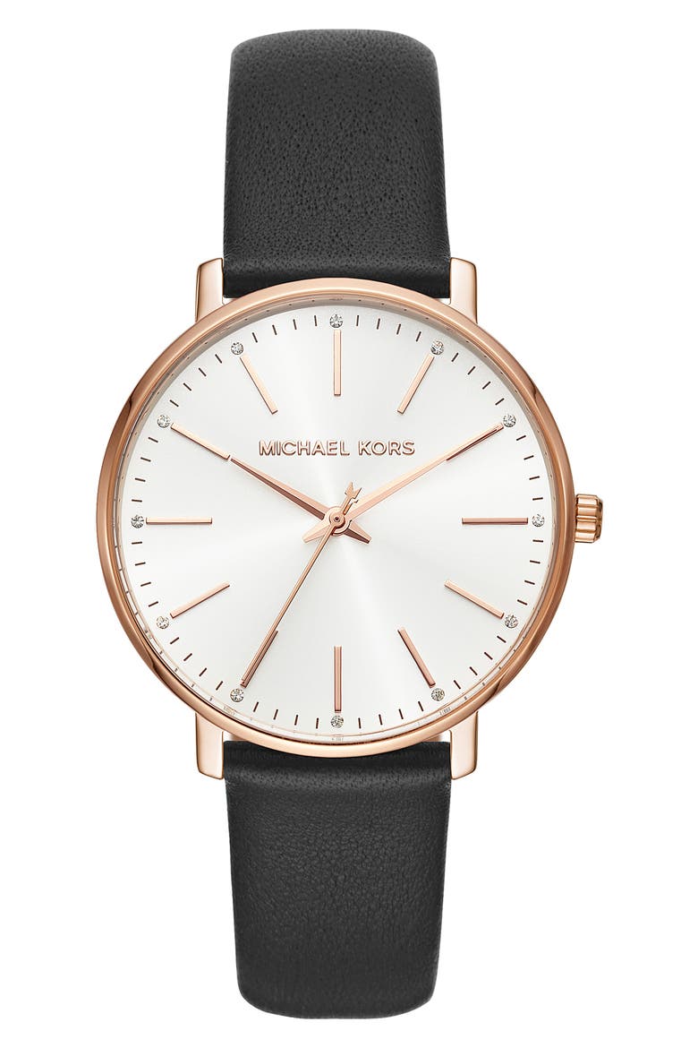 Pyper Leather Strap Watch, 38mm, Main, color, BLACK/ WHITE/ ROSE GOLD