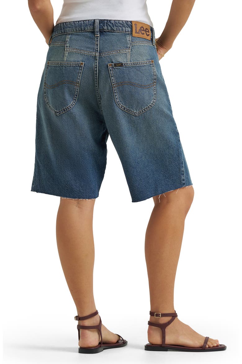 Darted Slouch Distressed Raw Hem Denim Bermuda Shorts, Alternate, color, HEAVY RAINFALL