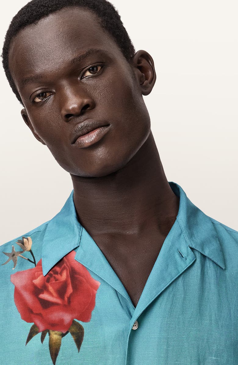 AllSaints Fazed Floral Button-Up Camp Shirt, Alternate, color, Anker Blue