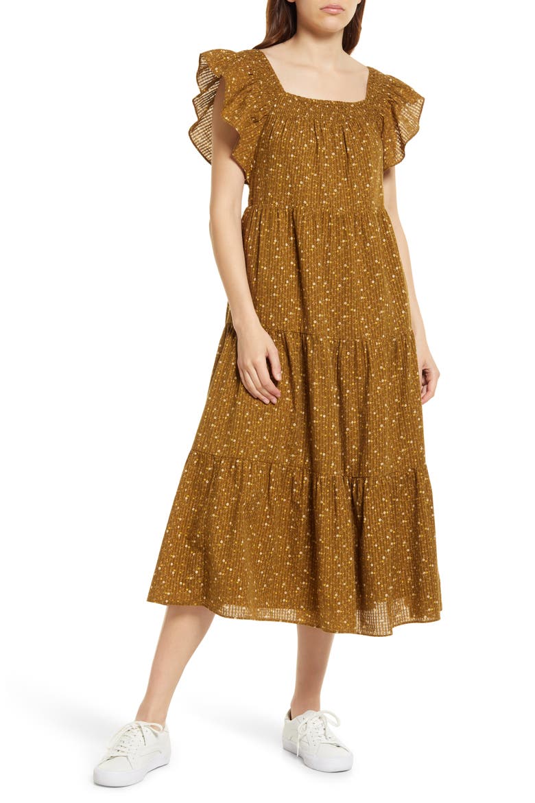 Daisy Stitch Ruffle Sleeve Tiered Midi Dress, Main, color, WEATHERED OLIVE