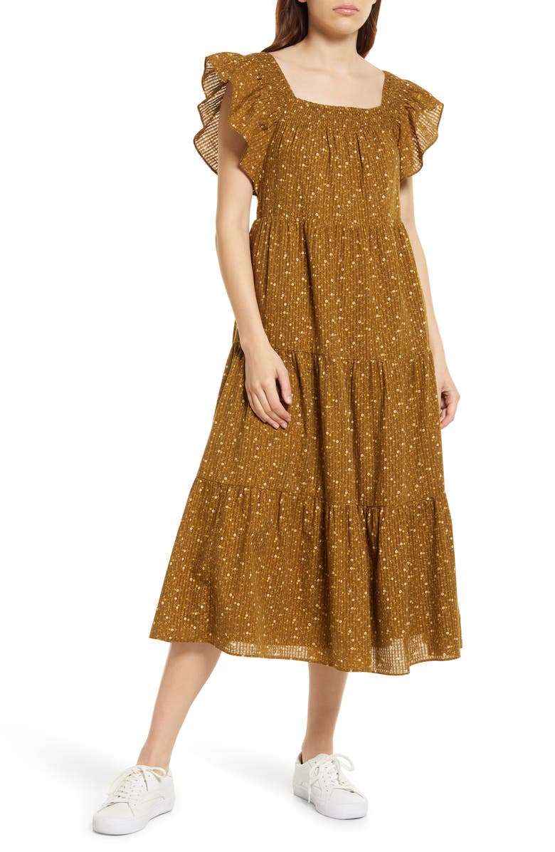 Madewell Daisy Stitch Ruffle Sleeve Tiered Midi Dress, Main, color, 