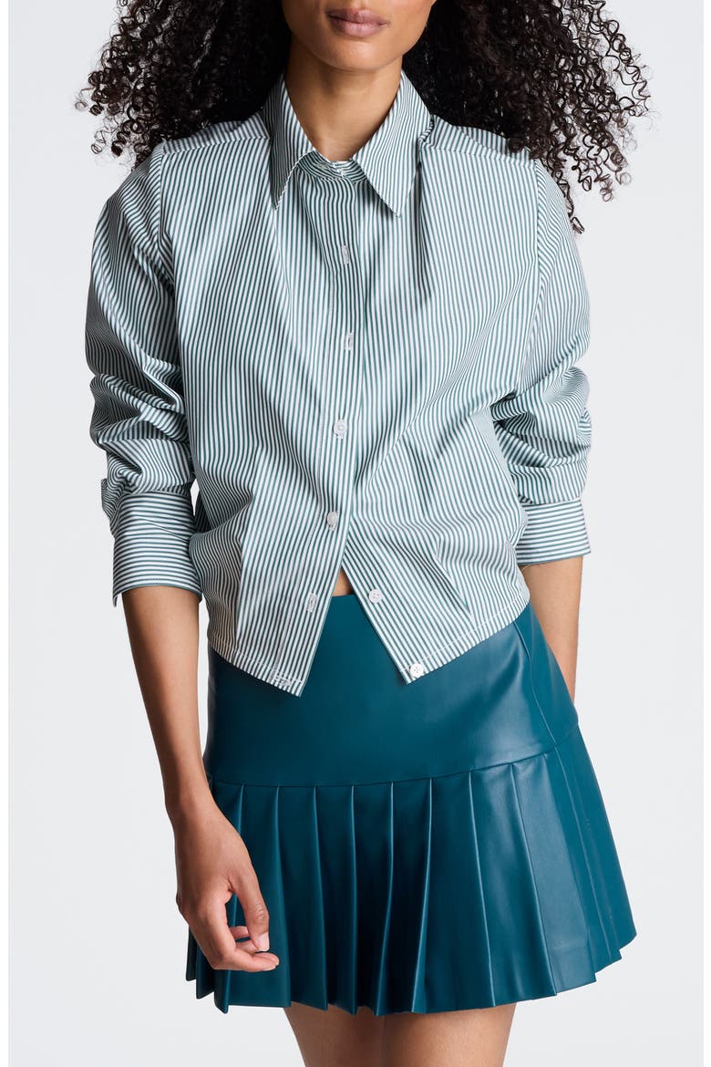 Striped Cropped Cotton Button Down Shirt, Main, color, PURE WHITE/ TEAL DUSK