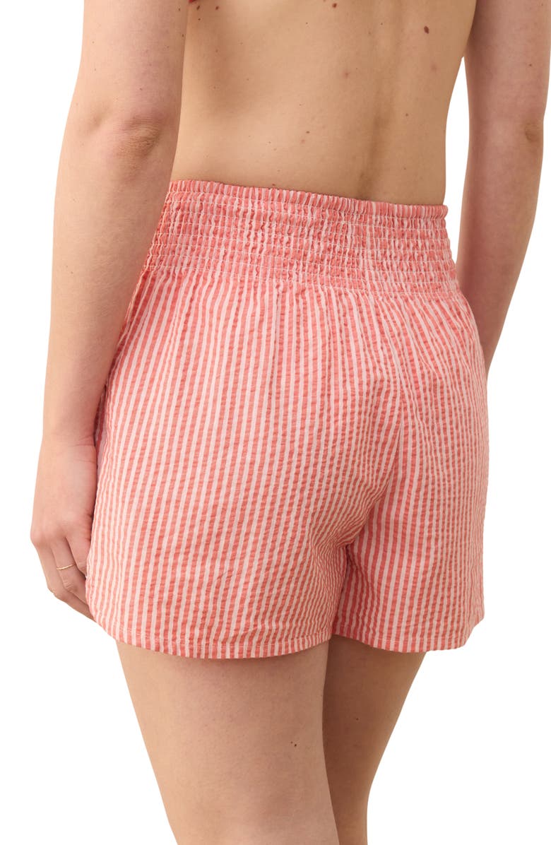 Marine Layer Cali Smocked Stripe Cotton Blend Seersucker Shorts, Alternate, color, Hibiscus/ Sand Stripe
