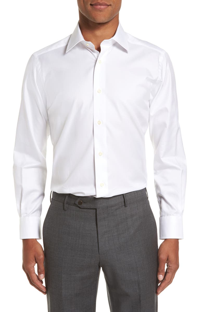 David Donahue Trim Fit Superfine Twill Dress Shirt, Main, color, White