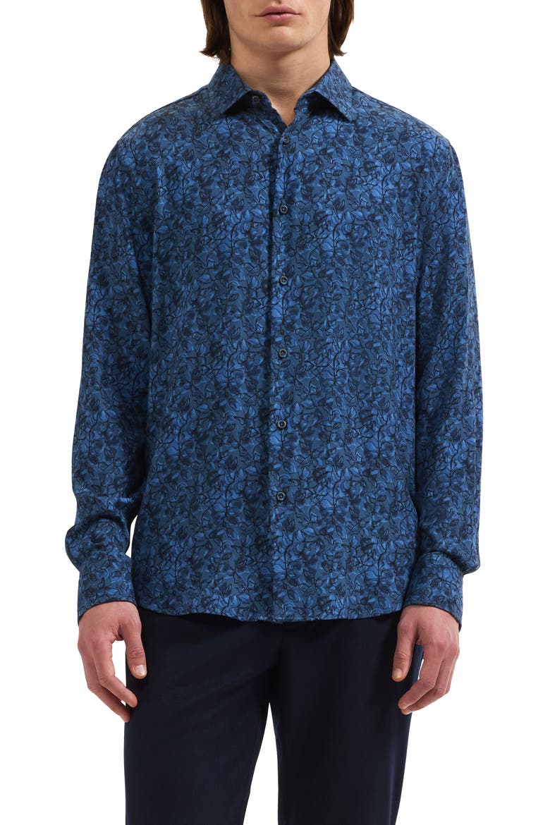 Julian Shaped Fit Leaf Print Button-Up Shirt, Main, color, MARINE BLUE
