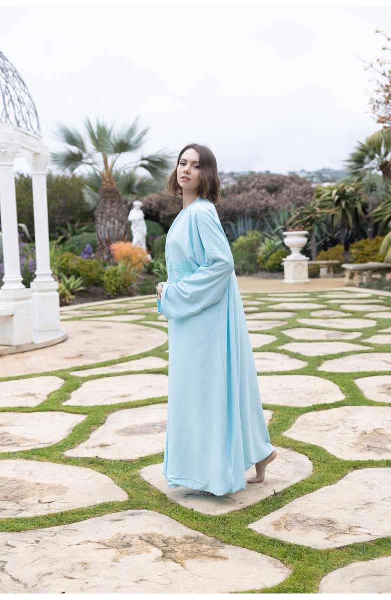 Le Fafo Palm Embroidered Silk Kaftan, Alternate, color, Tiffany Blue
