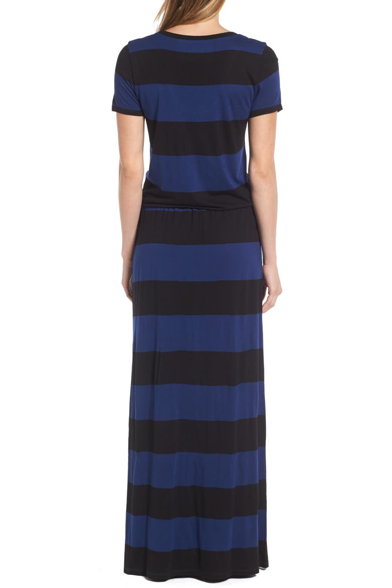 Drawstring Jersey Maxi Dress, Alternate, color, BLACK- BLUE BUOY STRIPE