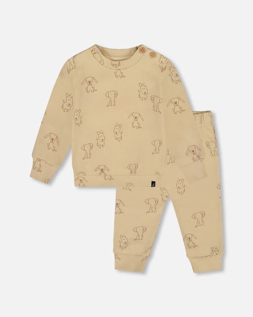 Deux Par Deux Organic Cotton Pant And Top Set Dogs In Nude
