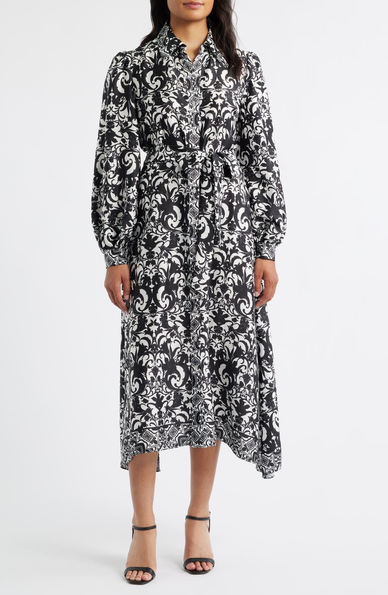 Julia Jordan Scroll Print Long Sleeve Shirtdress, Main, color, Black Ivory