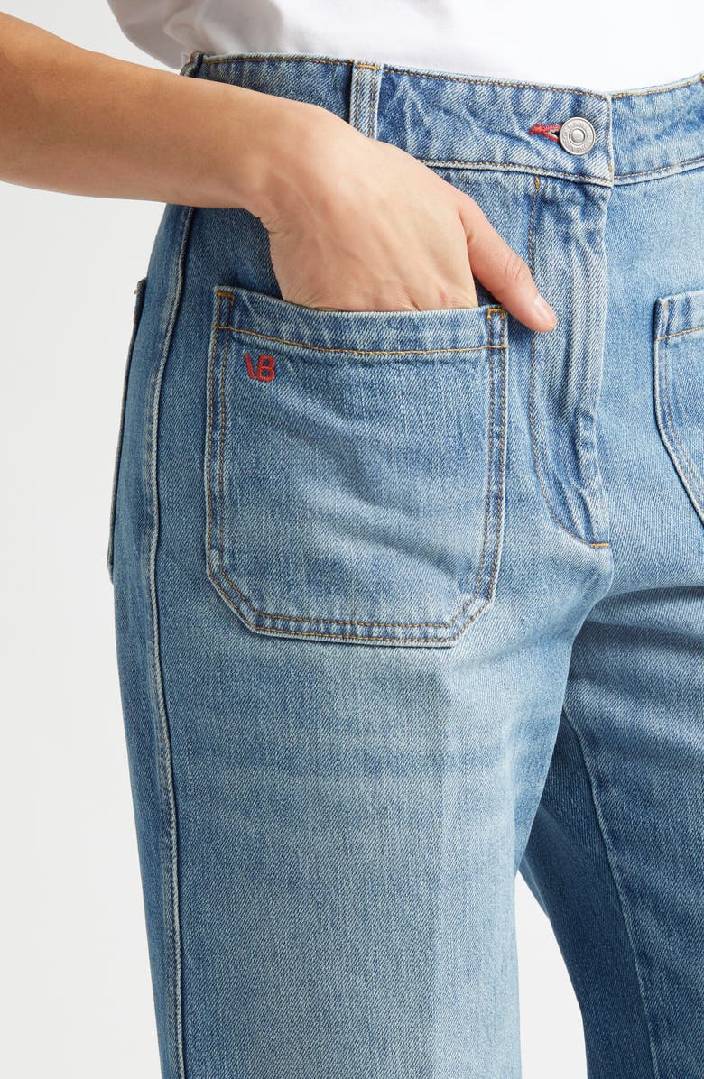 Victoria Beckham Alina High Waist Distressed Flare Jeans, Alternate, color, Worn Blue Wash