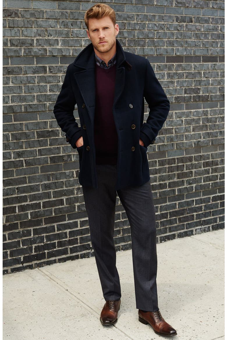 'Ossain' Herringbone Double Breasted Peacoat, Alternate, color, NAVY