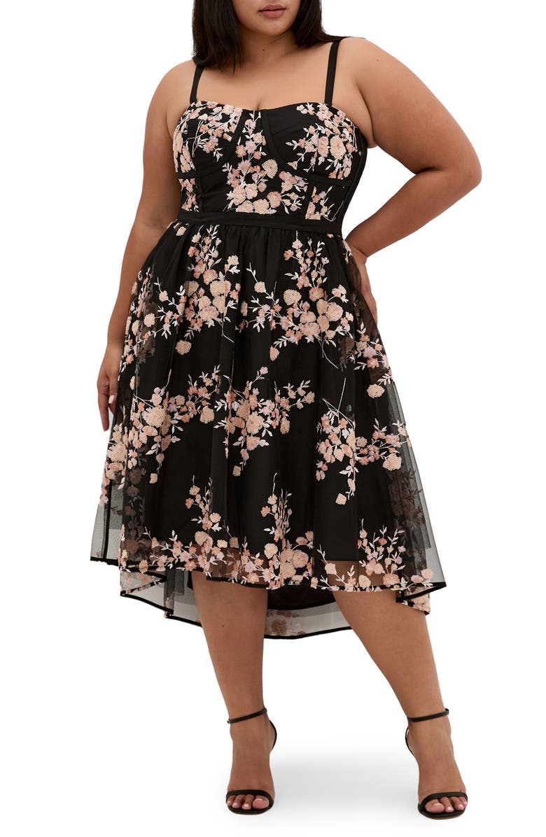 City Chic Ambrosia Sequin Floral Print High-Low Dress, Main, color, Black
