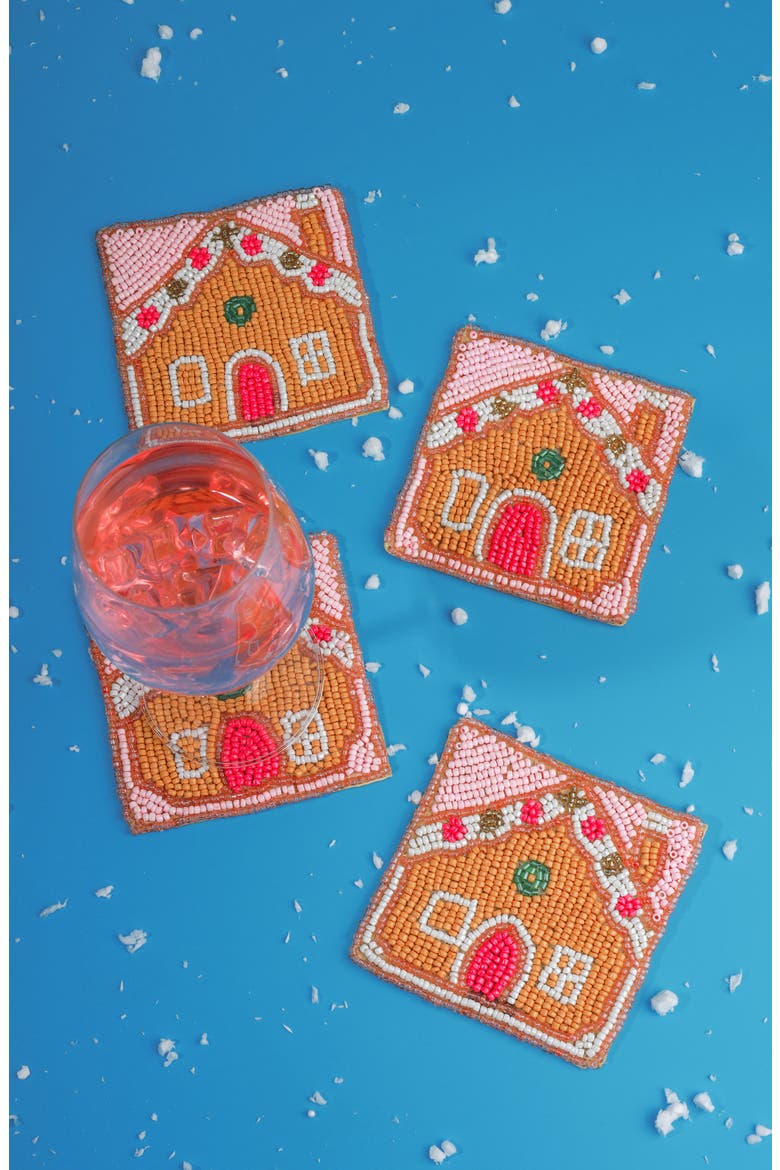 Festive Gingerbread House Set of 4 Beaded Coasters, Alternate, color, PINK