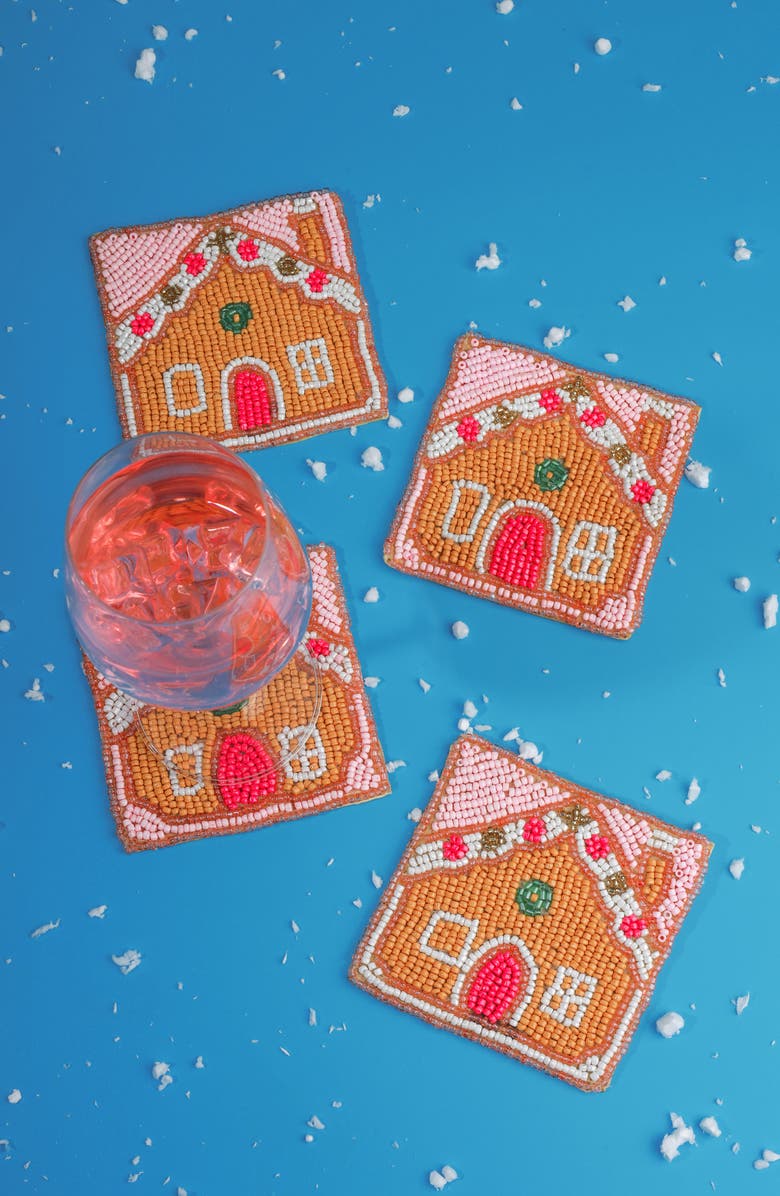 Tiramisu Festive Gingerbread House Set of 4 Beaded Coasters, Alternate, color, Pink