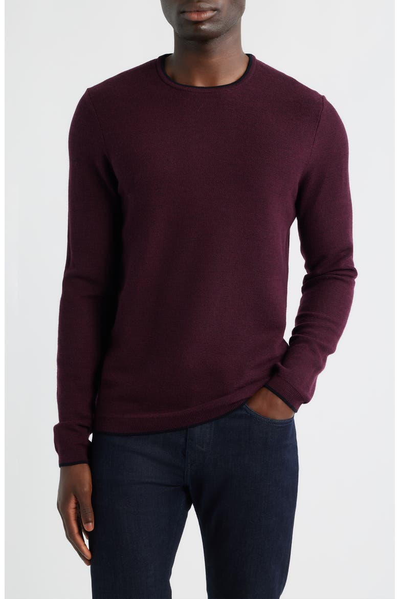 Belvedere Tipped Merino Wool Sweater, Main, color, WINE