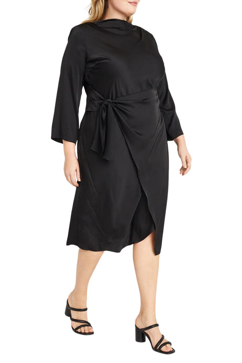 High Neck Long Sleeve Satin Faux Wrap Dress, Alternate, color, BLACK