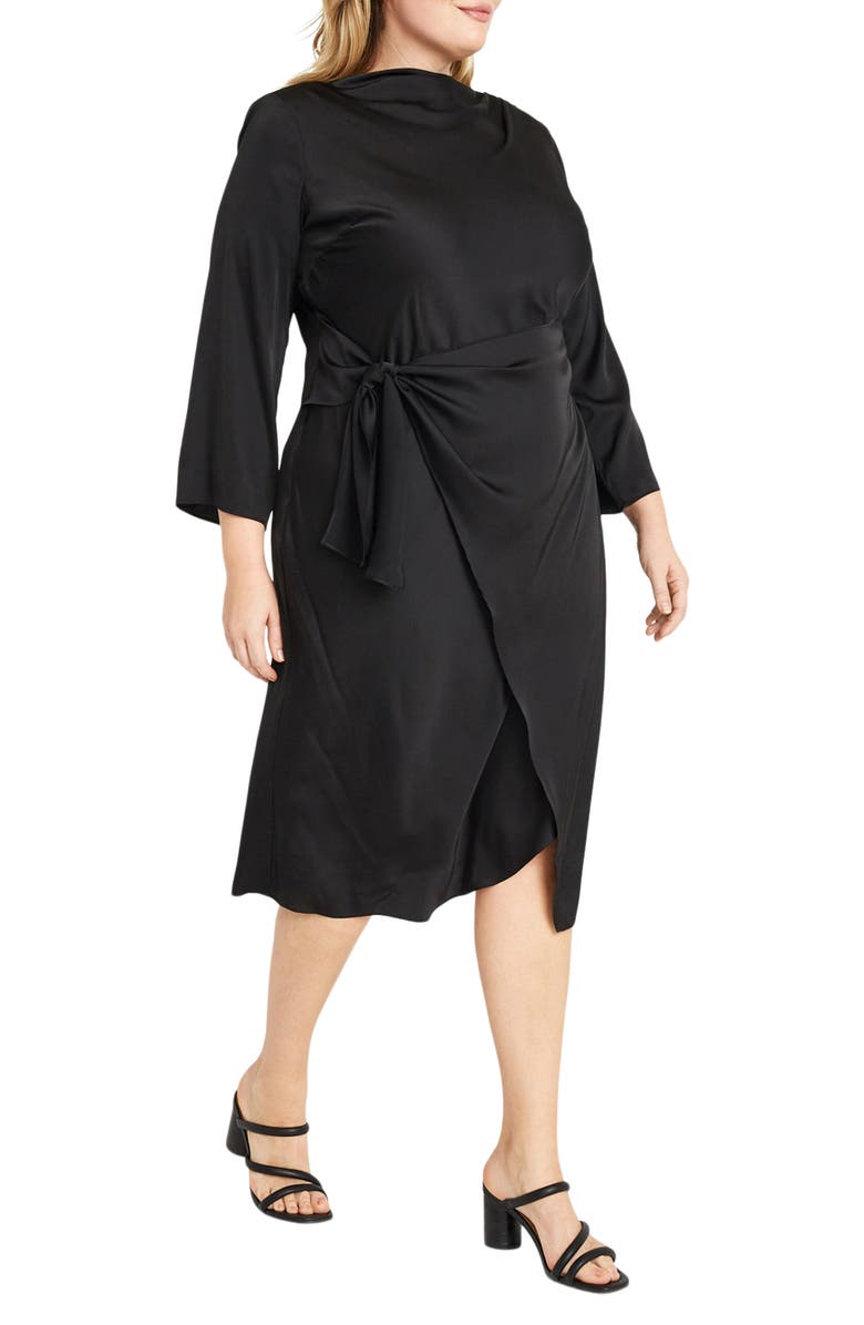 Donna Morgan High Neck Long Sleeve Satin Faux Wrap Dress, Alternate, color, Black