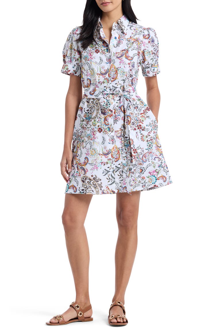 Carolina Paisley Floral Short Sleeve Cotton Shirtdress, Main, color, WHITE MULTI