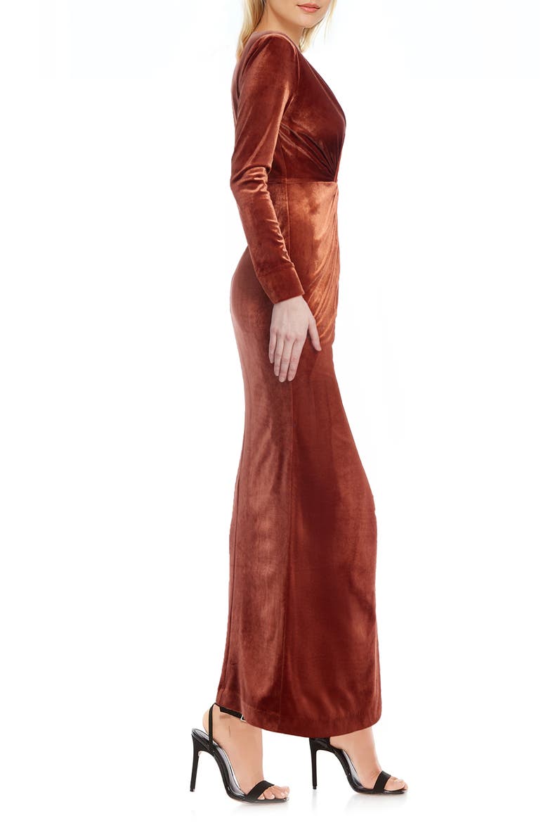Twist Detail Long Sleeve Stretch Velvet Gown, Alternate, color, BURNT ORANGE