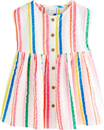 Kids' Rainbow Stripe Cotton Seersucker Sleeveless Shirtdress