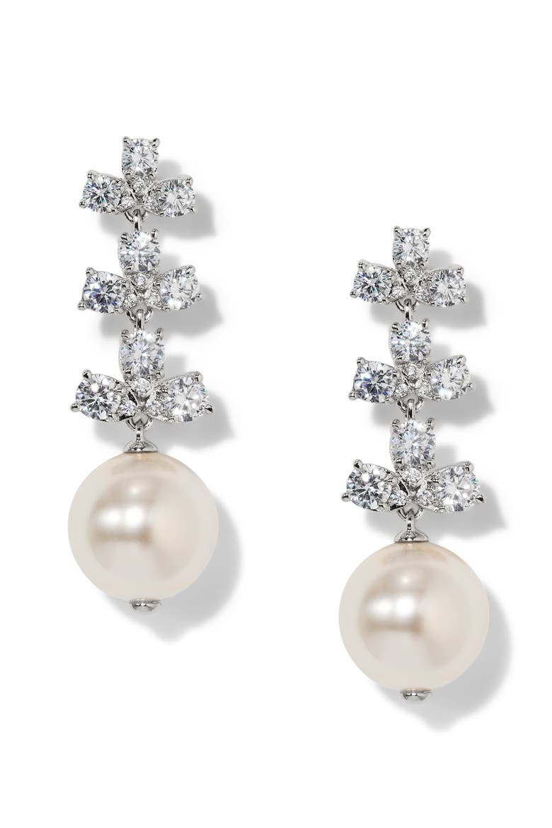 Faux Pearl & Cubic Zirconia Drop Earrings, Main, color, RHODIUM