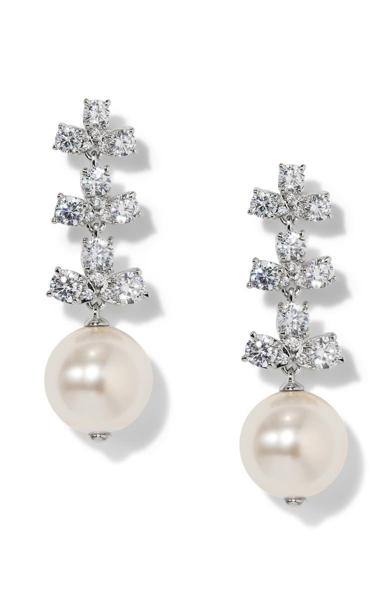 Nadri Faux Pearl & Cubic Zirconia Drop Earrings, Main, color, Rhodium