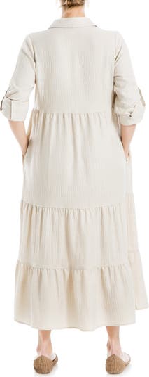 Tiered Long Sleeve Gauze Shirtdress