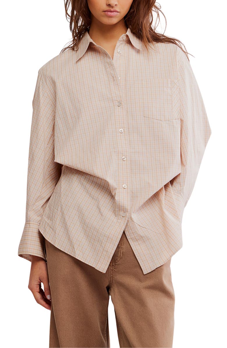 Free People Sabine Tailored Stripe Button-Up Shirt, Main, color, Quinn Check Tan Comb